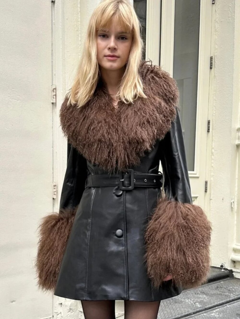 Susanna Chow Mimi Leather 100% Mongolian Shearling Black/ Brown Women's Coat M
